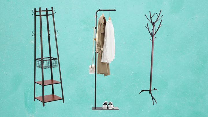 An Industrial coat rack, free-standing coat rack and coat tree, all from Amazon.