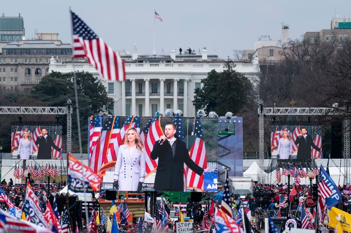 President Donald Trump's son Eric Trump and his wife Lara Trump address a rally outside the White House on Jan. 6, 2021, hours before Trump supporters stormed the U.S. Capitol.