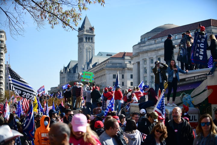 Far-right extremists rally at Freedom Plaza in Washington, D.C., on Nov. 14, 2020, to show their allegiance in Donald Trump's fight to deny his electoral defeat.