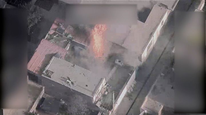 This image from video, released by the Department of Defense, shows a fire in the aftermath of a drone strike in Kabul, Afghanistan on Aug. 29, 2021.