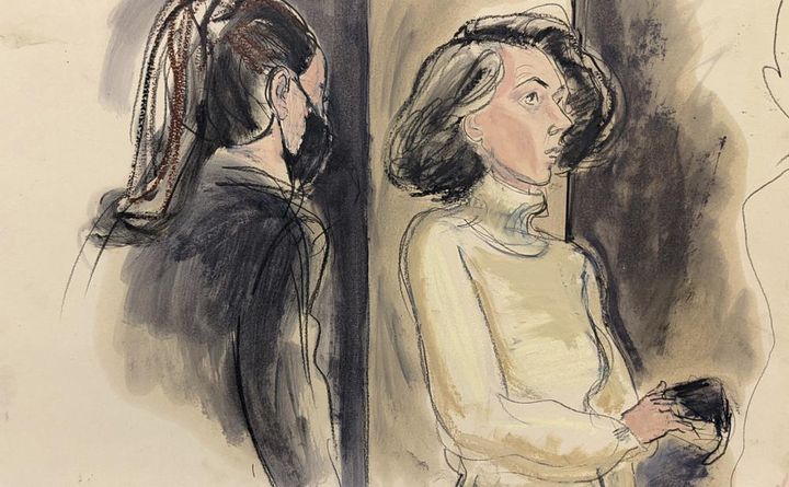 FILE - In this courtroom sketch, Ghislaine Maxwell, right, sits with her mask off during a break in her sex trafficking trial on Dec. 20, 2021, in New York.