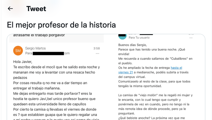 Tuit con la conversación de profesor y alumno.