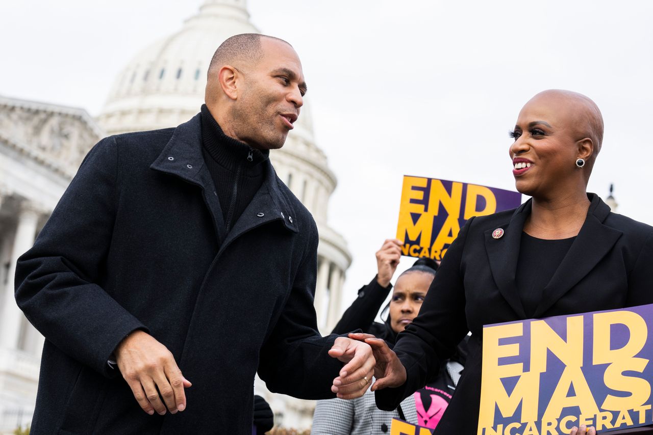 House Democratic Caucus chair Hakeem Jeffries (D-N.Y.) and Rep. Ayanna Pressley (D-Mass.) speak at a criminal justice reform rally. Pressley is among the new generation of Black progressives in Congress.