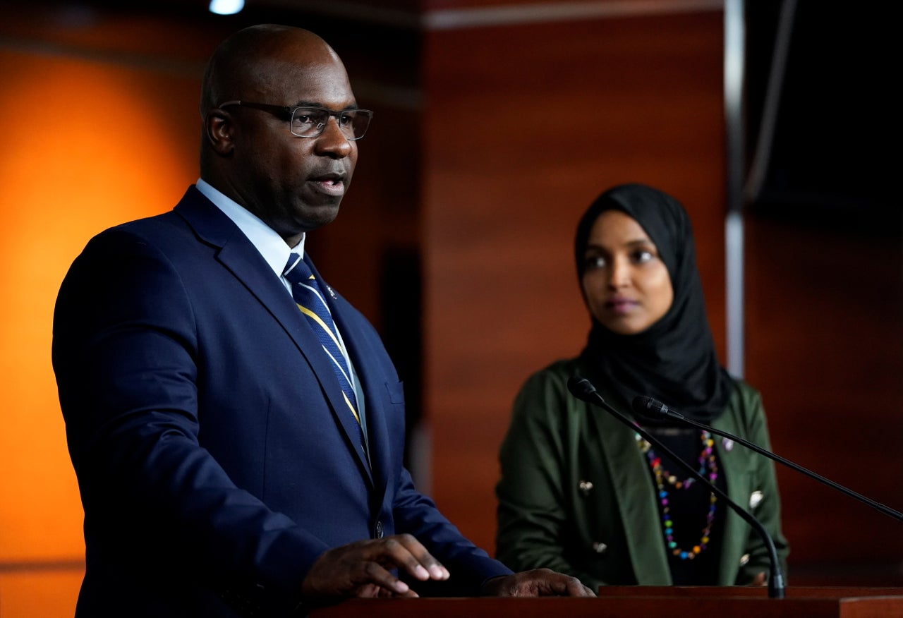 Rep. Jamaal Bowman (D-N.Y.) speaks out against Islamophobic comments made about Rep. Ilhan Omar (D-Minn.), right. Bowman won his 2020 primary without the CBC's backing.
