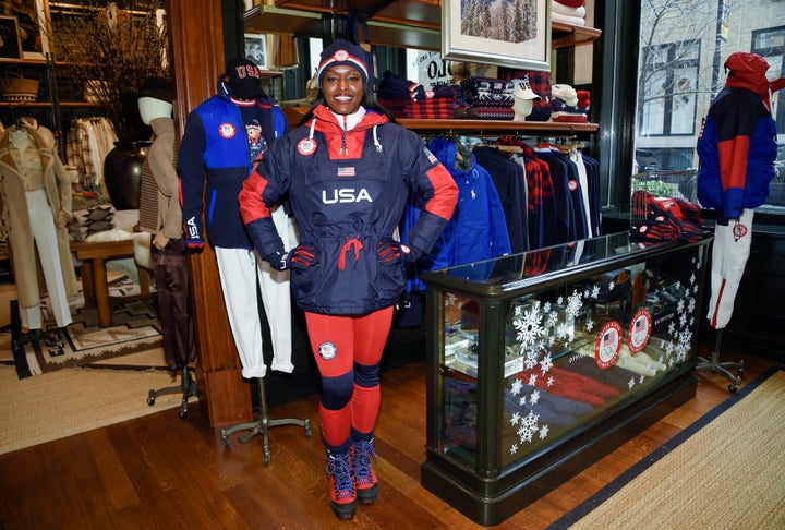 Bobsledder Aja Evans models the Team USA Beijing winter Olympics opening ceremony uniforms designed by Ralph Lauren on Jan. 19, in New York. 