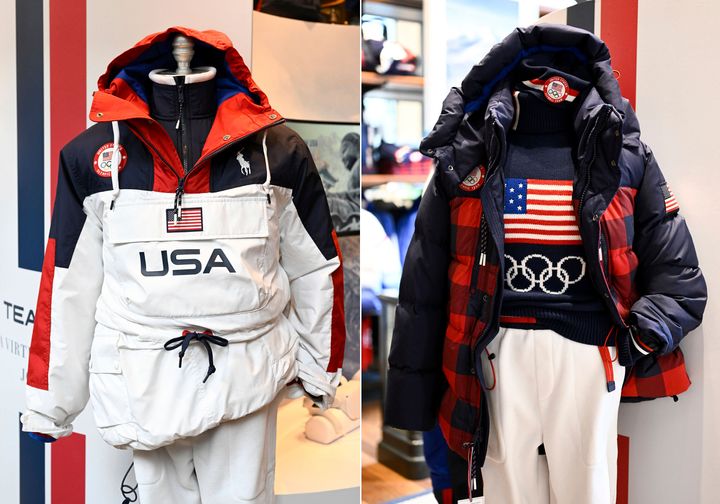 This combination of photos shows uniforms for the Team USA Beijing winter Olympics opening ceremony, left, and closing ceremony, designed by Ralph Lauren.