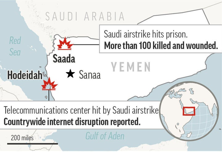A map shows the locations of Saudi airstrikes in Yemen, one striking a prison in the northwest city of Saada and the other in the western port city of Hodeidah, where a telecommunications hub was struck, crippling the country’s internet access.