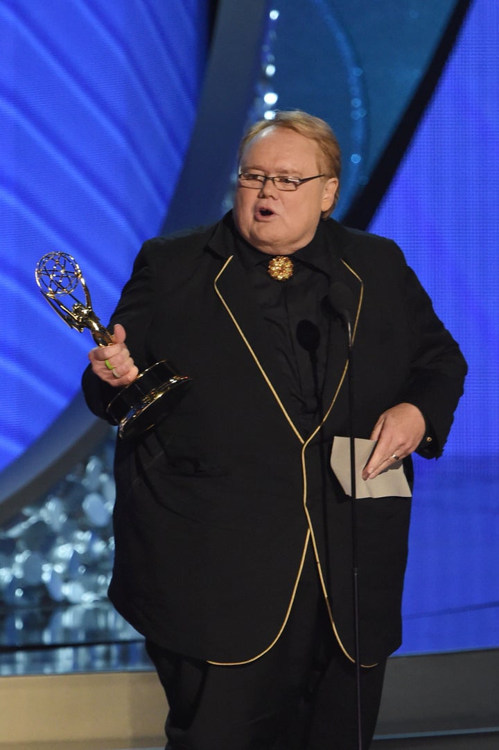 Outstanding Supporting Actor in a Comedy "Baskets" Louie Anderson gives a speech after receivçng his trophy during the 68th Emmy Awards show on September 18, 2016 at the Microsoft Theatre in downtown Los Angeles. / AFP / Valerie MACON (Photo credit should read VALERIE MACON/AFP via Getty Images)