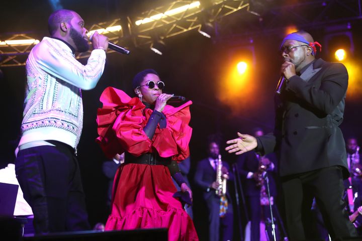 Pras Michel, Lauryn Hill and Wyclef Jean of The Fugees perform at Global Citizen Live on Sept. 22, 2021, in New York City.