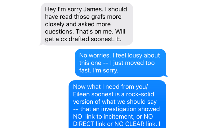 A text message exchange between James Bennet and Elizabeth Williamson.