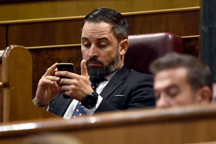 Santiago Abascal mira su móvil en el Congreso.