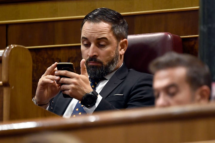 Santiago Abascal mira su móvil en el Congreso.