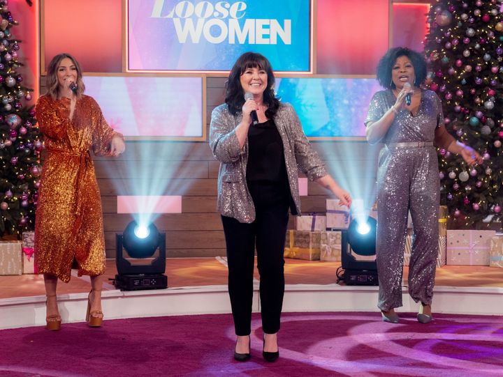 Frankie Bridge and Coleen Nolan performing with Brenda Edwards on Loose Women