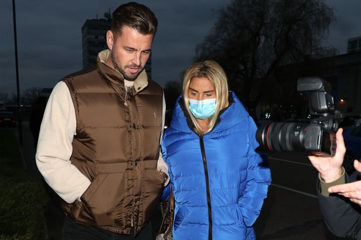 Katie and her fiancé Carl Woods leaving Crawley Magistrates Court last month