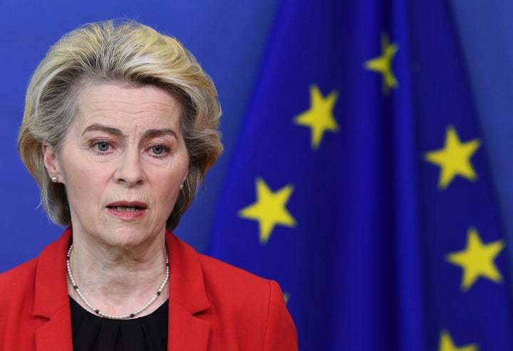 European Commission President Ursula von der Leyen makes a statement on EU financial support for Ukraine at EU headquarters in Brussels, Monday, Jan. 24, 2022. (John Thys, Pool Photo via AP)
