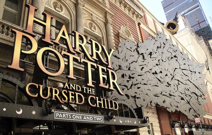A sign for "Harry Potter and the Cursed Child" hangs at the Broadway opening at the Lyric Theatre on Sunday, April 22, 2018, in New York. 