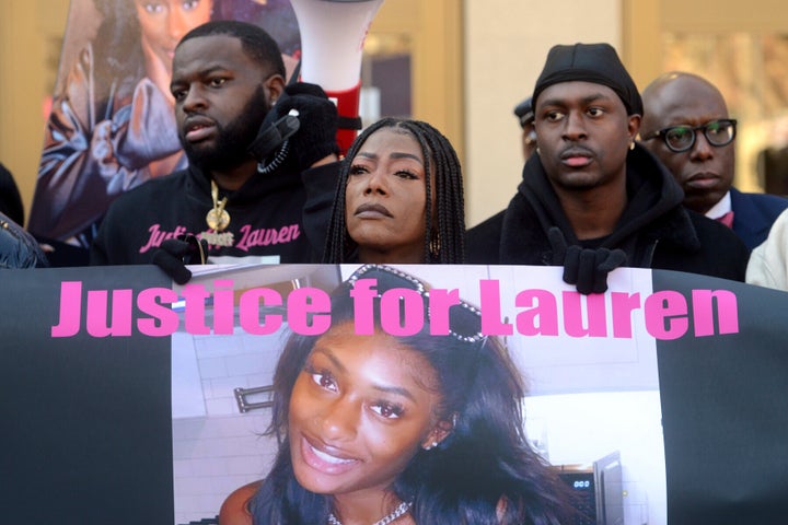 Shantell Fields, Lauren Smith-Fields' mother, stands with family members during a rally in front of the Morton Government Center in Bridgeport, Connecticut, on Jan. 23, 2022. Smith-Fields was found dead in her Bridgeport apartment in December and her family and friends marched in her memory on Sunday, which would have been her 24th birthday.