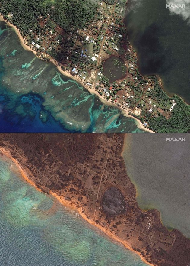 トンガの火山島の噴火前（上、2020年8月17日撮影）と噴火後（下、2022年1月20日撮影）の様子。ノムカ島の衛星写真