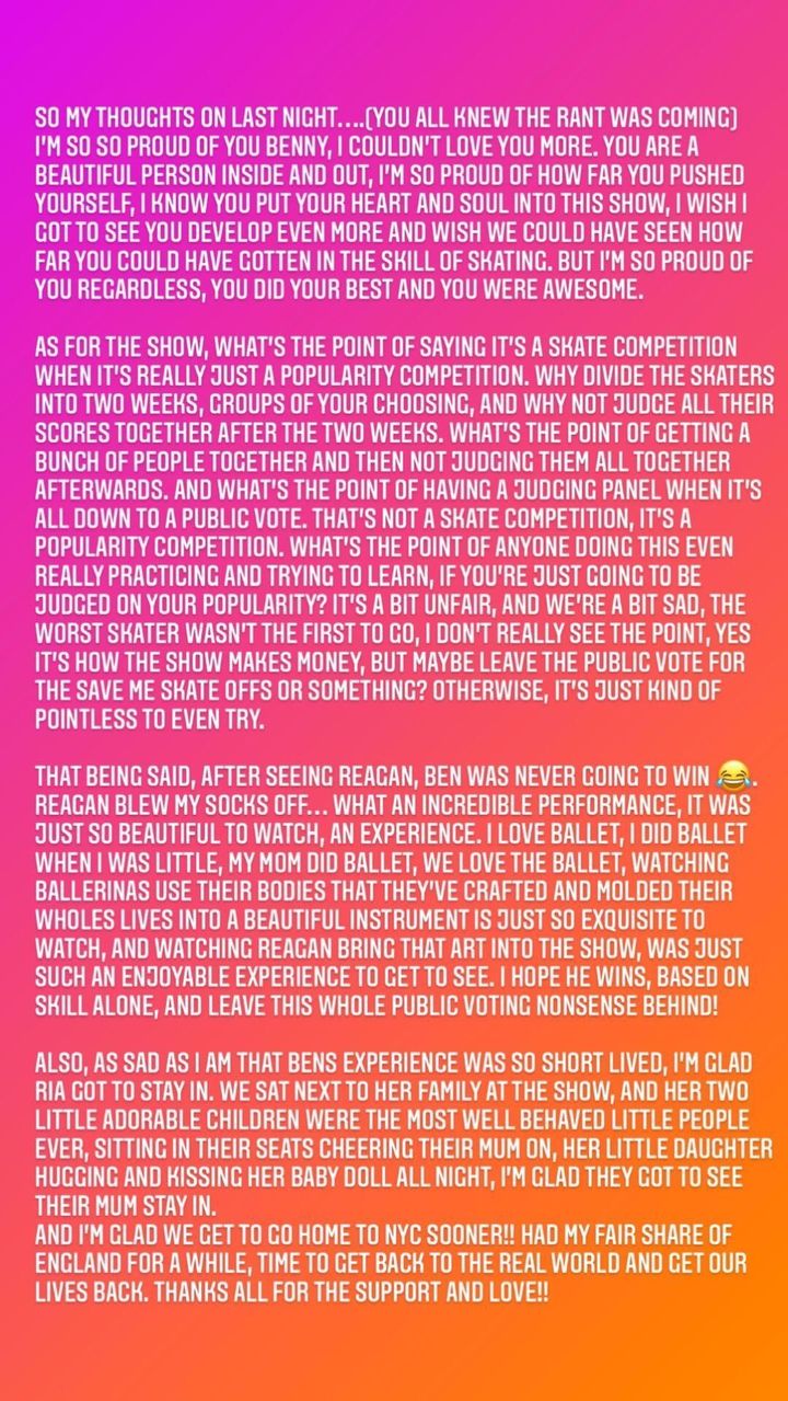 A screenshot of Jackie's comments about Dancing On Ice from her Instagram story