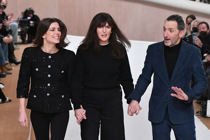 Charlotte Casiraghi, Virginie Viard and Xavier Veilhan walk the runway during the Chanel Haute Couture Spring/Summer 2022 show. 