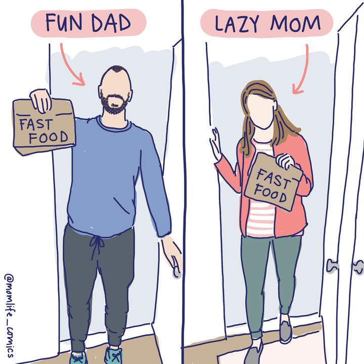 A comic depicting the different perceptions of parents who pick up fast food for dinner.