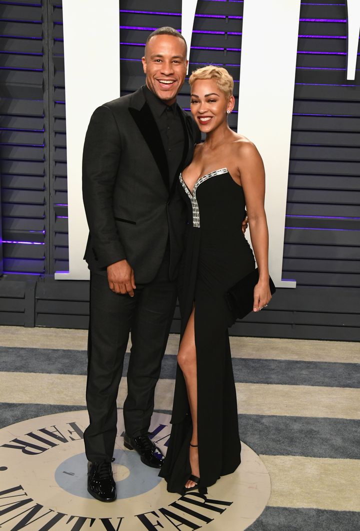 DeVon Franklin and Meagan Good attend the 2019 Vanity Fair Oscar Party on Feb. 24, 2019, in Beverly Hills, California.