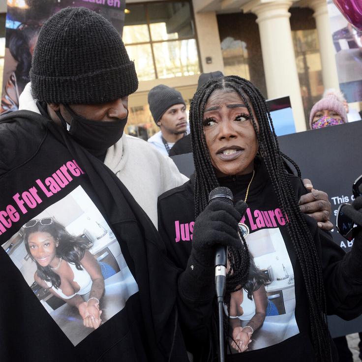 Shantell Fields, Lauren Smith-Fields' mother, speaks during a protest rally in front of the Morton Government Center in Bridgeport, Connecticut, Jan. 23.