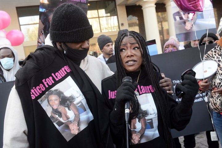 Shantell Fields, Lauren Smith-Fields' mother, speaks during a protest rally in front of the Morton Government Center in Bridgeport, Connecticut, Jan. 23.