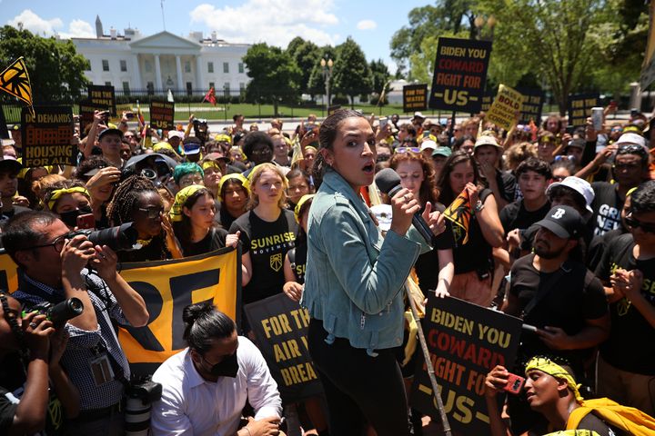 Rep. Alexandria Ocasio-Cortez (D-N.Y.) rallies hundreds of young climate activists in Lafayette Square on the north side of the White House to demand that U.S. President Joe Biden work to make the Green New Deal law on June 28, 2021. 