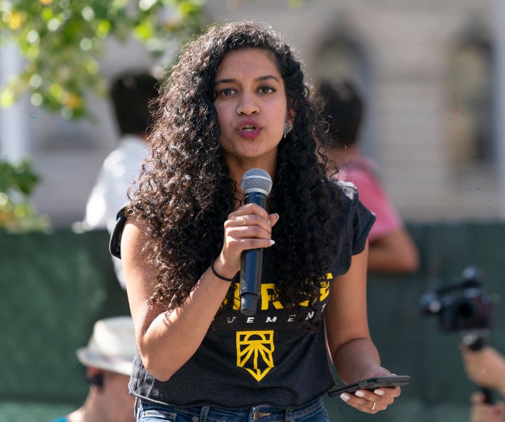 Sunrise Movement Executive Director Varshini Prakash speaks at the NYC Climate Strike rally and demonstration at Foley Square.
