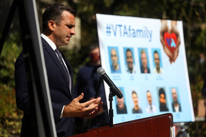 In this 2021 file photo, San Jose Mayor Sam Liccardo honors the nine people killed by a coworker. On Tuesday night, the city council approved a measure that would make gun owners carry liability insurance.