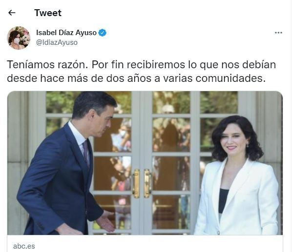 El tuit de Isabel Díaz Ayuso.