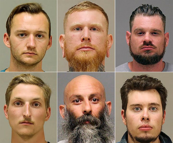 This photo shows from top left, Kaleb Franks, Brandon Caserta, Adam Dean Fox, and bottom left, Daniel Harris, Barry Croft, and Ty Garbin. Defense attorneys have sought to dismiss the indictment against five men accused of plotting to kidnap Gov. Gretchen Whitmer because of what they describe as “egregious overreaching” by federal agents and informants. The Detroit News reports that defense attorneys filed a 20-page motion on Saturday, Dec. 25, 2021.