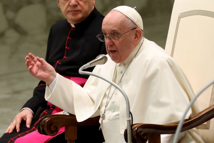 Pope Francis holds his homily during the weekly audience at the Paul VI Hall on January 12, 2022 in Vatican City, Vatican.