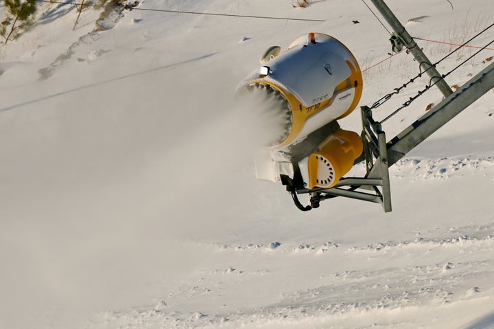 A snow gun spreading artificial snow in Beijing last month. 