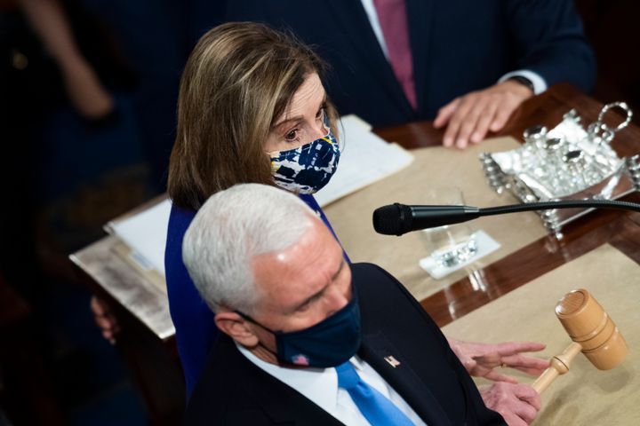 House Speaker Nancy Pelosi (D-Calif.) and Vice President Mike Pence conduct a joint session of Congress to certify the Electoral College votes for the 2020 presidential election in the House chamber on Jan. 6, 2021. Soon after, Donald Trump supporters attacked the U.S. Capitol in an attempt to circumvent the process.