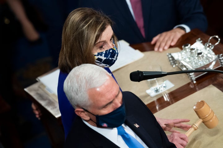 <div class=__reading__mode__extracted__imagecaption>House Speaker Nancy Pelosi (D-Calif.) and Vice President Mike Pence conduct a joint session of Congress to certify the Electoral College votes for the 2020 presidential election in the House chamber on Jan. 6, 2021. Soon after, Donald Trump supporters attacked the U.S. Capitol in an attempt to circumvent the process.