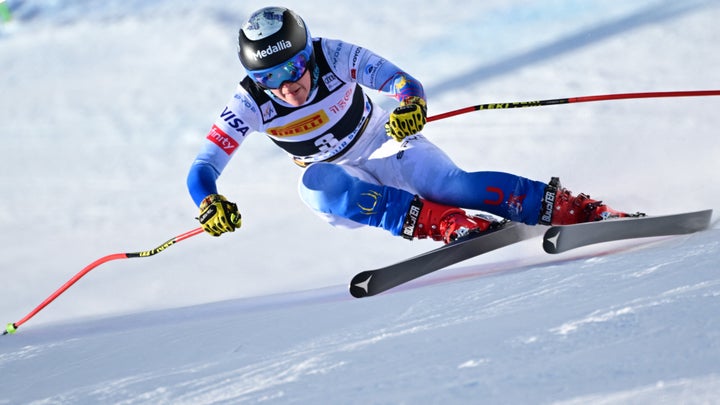 Breezy Johnson on a training run in Cortina d'Ampezzo, Italy, where another crash may have further injured her knee.