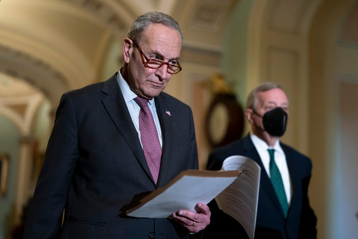 Senate Majority Leader Chuck Schumer, D-N.Y., joined at right by Majority Whip Dick Durbin, D-Ill., speaks to reporters after a Democratic policy meeting at the Capitol in Washington, Dec. 14, 2021. Senate Democrats who have played defense for the last three Supreme Court vacancies plan to move swiftly to replace retiring Supreme Court Justice Stephen Breyer. In statements, Senate Majority Leader Chuck Schumer and Senate Judiciary Committee Chairman Dick Durbin made clear that they would move quickly once President Joe Biden makes his pick. (AP Photo/J. Scott Applewhite, File)