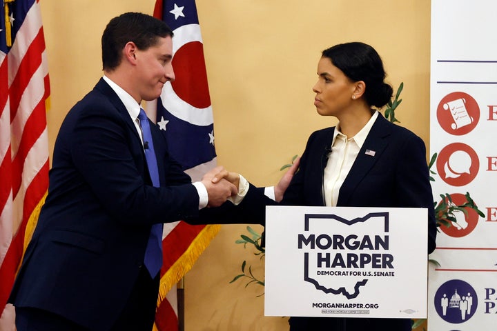 Republican Josh Mandel, left, and Democrat Morgan Harper, both running for the U.S. Senate in Ohio, debated Thursday night in Columbus.