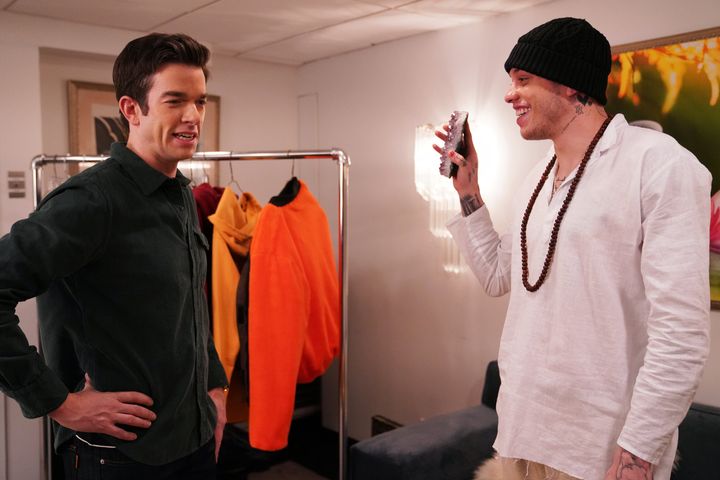 John Mulaney and Pete Davidson taking promo photos for "Saturday Night Live" in February 2020.