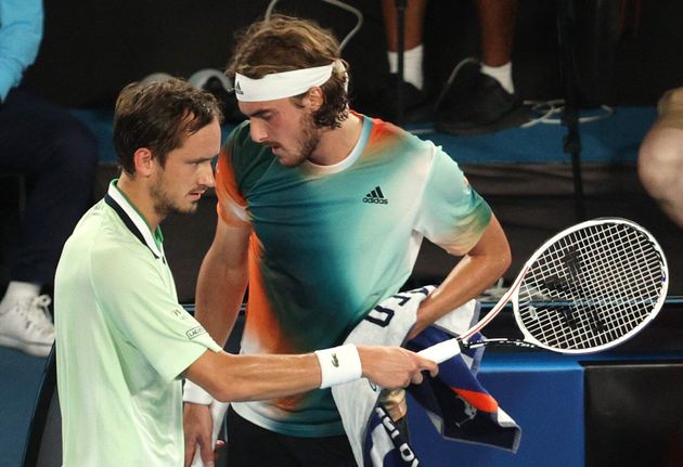 Tennis - Australian Open - Melbourne Park, Melbourne, Australia - January 28, 2022 Greece's Stefanos Tsitsipas and Russia's Daniil Medvedev during their semi final match REUTERS/Loren Elliott