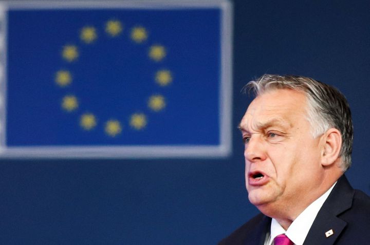 Hungary's prime minister, Viktor Orban, arrives for an EU Summit at the European Council building in Brussels, Belgium, in December 2021.