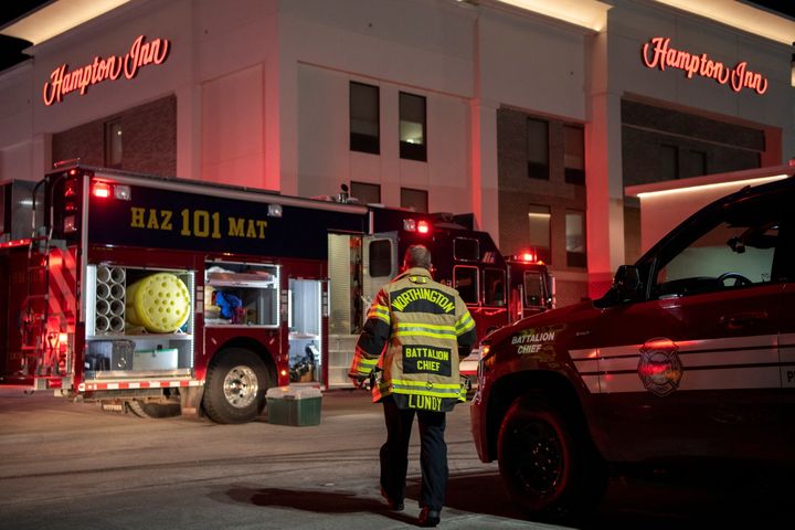 Hazmat crews respond to a mass casualty incident at a Hampton Inn in Marysville, Ohio on Saturday after multiple people were reported unconscious in the pool area.