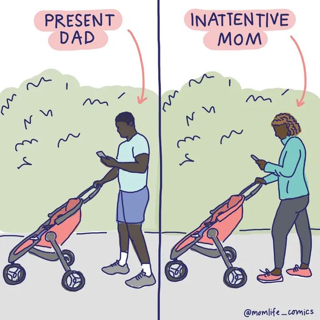 Instagramからのイラスト ：「育児中のパパ」と「不注意なママ」 