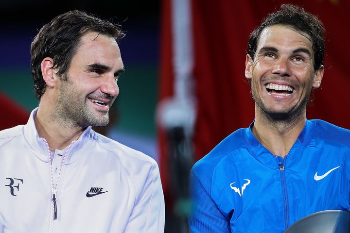 Federer and Nadal talk during the award ceremony after the Men's singles final match at the 2017 ATP Shanghai Rolex Masters on Oct. 15, 2017, in China.
