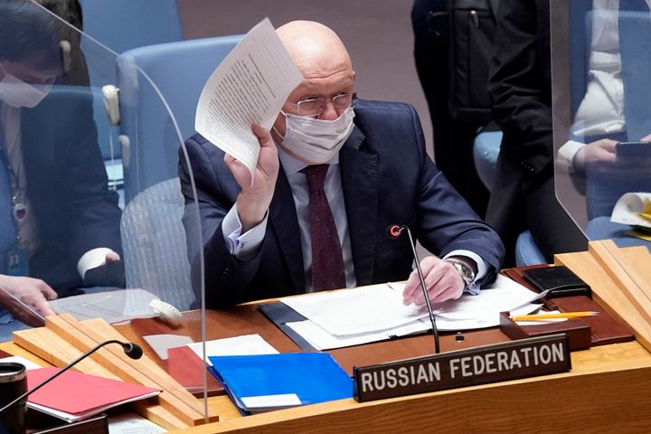 Russia's UN Ambassador Vasily Nebenzya addresses the United Nations Security Council, before a vote, Monday, Jan. 31, 2022. (AP Photo/Richard Drew)