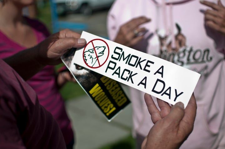 Bumper stickers are distributed at an anti-wolf protest at Bogert Park in Bozeman, Montana.