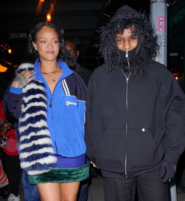 NEW YORK, NEW YORK - JANUARY 27: Rihanna and A$AP Rocky depart Pastis Restaurant on January 28, 2022 in New York City. (Photo by Gotham/GC Images)