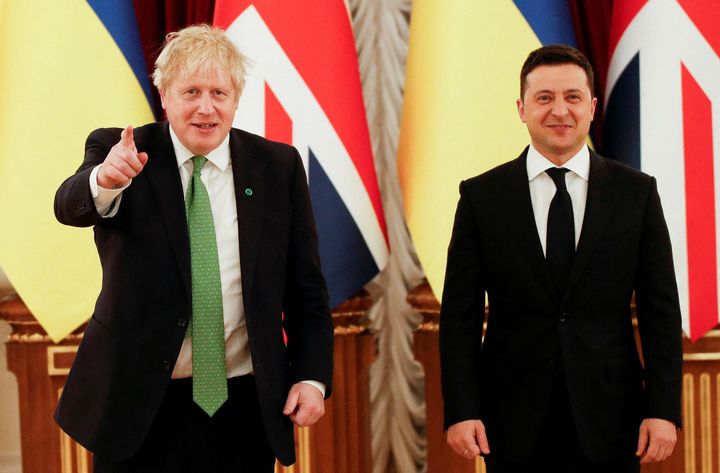 Boris Johnson poses for a photograph with Ukraine's President Volodymyr Zelensky at the Presidential Palace in Kyiv.